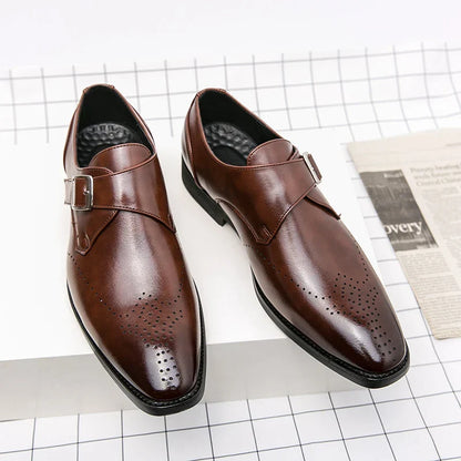 Stylish Leather Monk Strap Dress Shoe for Women with Pointed Toe Brogue Detail Buckle Closure Style