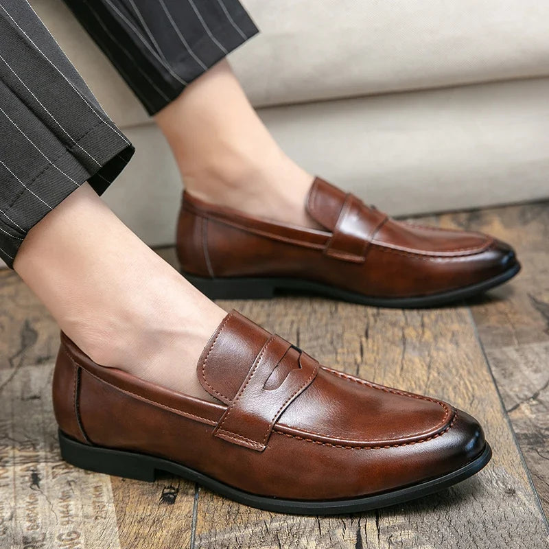 Elegant Leather Penny Loafers for Women with Slip On Round Toe Stacked Heel Classic Style