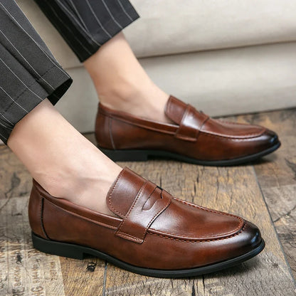 Elegant Leather Penny Loafers for Women with Slip On Round Toe Stacked Heel Classic Style