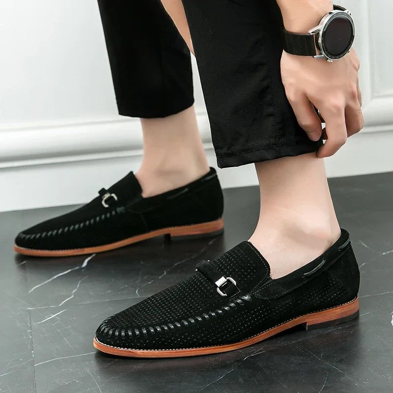 Stylish Perforated Suede Loafer for Women with Horsebit Buckle Moc Toe Slip On Casual Style