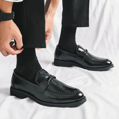 Stylish Leather Penny Loafers for Women with Woven Strap Stitched Apron Chunky Sole Style