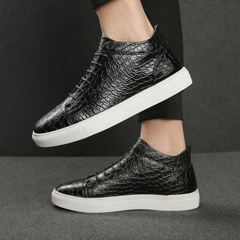 Stylish Crocodile Embossed Leather High Top Sneakers for Women with Lace Up Round Toe Relaxed Casual Style