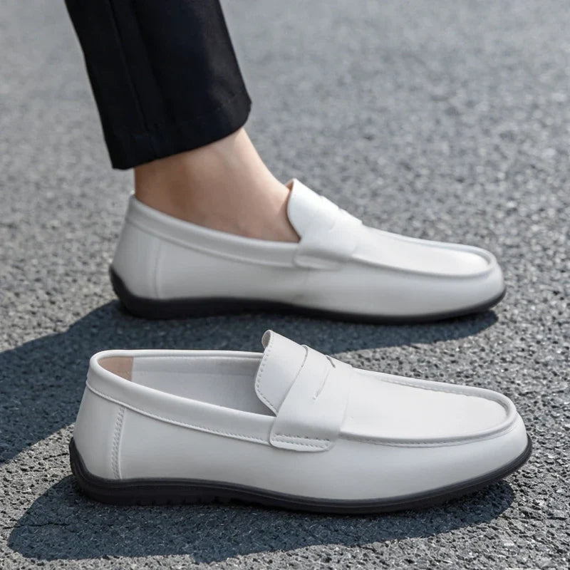 Elegant Leather Penny Loafer for Women with Round Toe Slip On Stitched Trim Style
