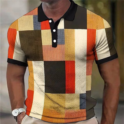 Stylish Multicolor Colorblock Patchwork Polo Shirt with Collared Short Sleeve Button Placket Textured Casual Style