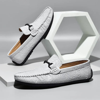 Stylish Embossed Leather Loafer for Women with Horsebit Buckle Moc Toe Casual Style