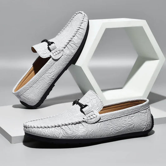 Stylish Embossed Leather Loafer for Women with Horsebit Buckle Moc Toe Casual Style
