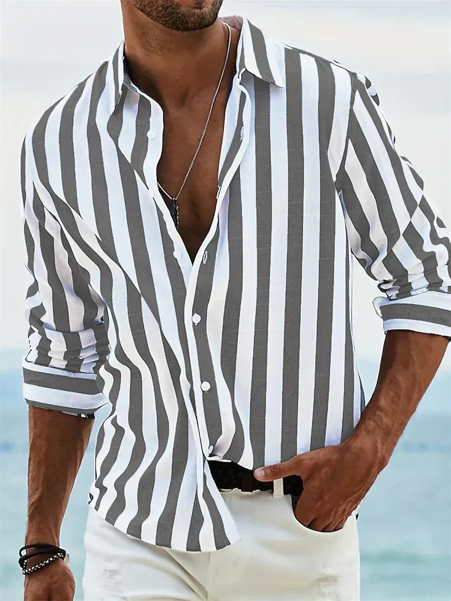 Effortless Striped Linen Shirt for Women with Collar Long Sleeve Button Front Relaxed Casual Style