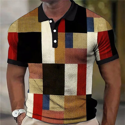 Stylish Multicolor Colorblock Patchwork Polo Shirt with Collared Short Sleeve Button Placket Textured Casual Style