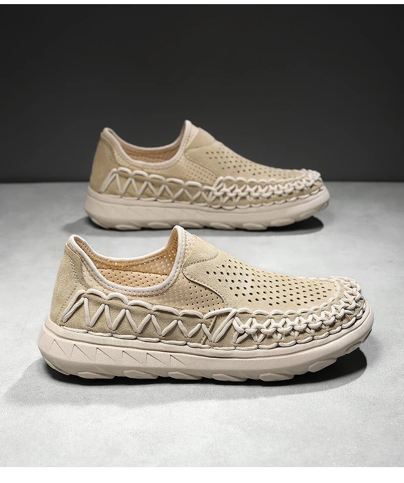 Comfortable Suede Slip On Loafer Sneaker for Women with Woven Stitch Perforated Chunky Sole Style