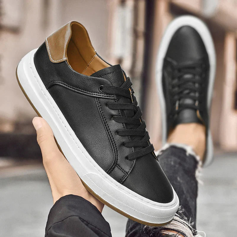 Stylish Leather Fashion Sneaker for Women with Lace Up Round Toe Contrast Heel Casual Style