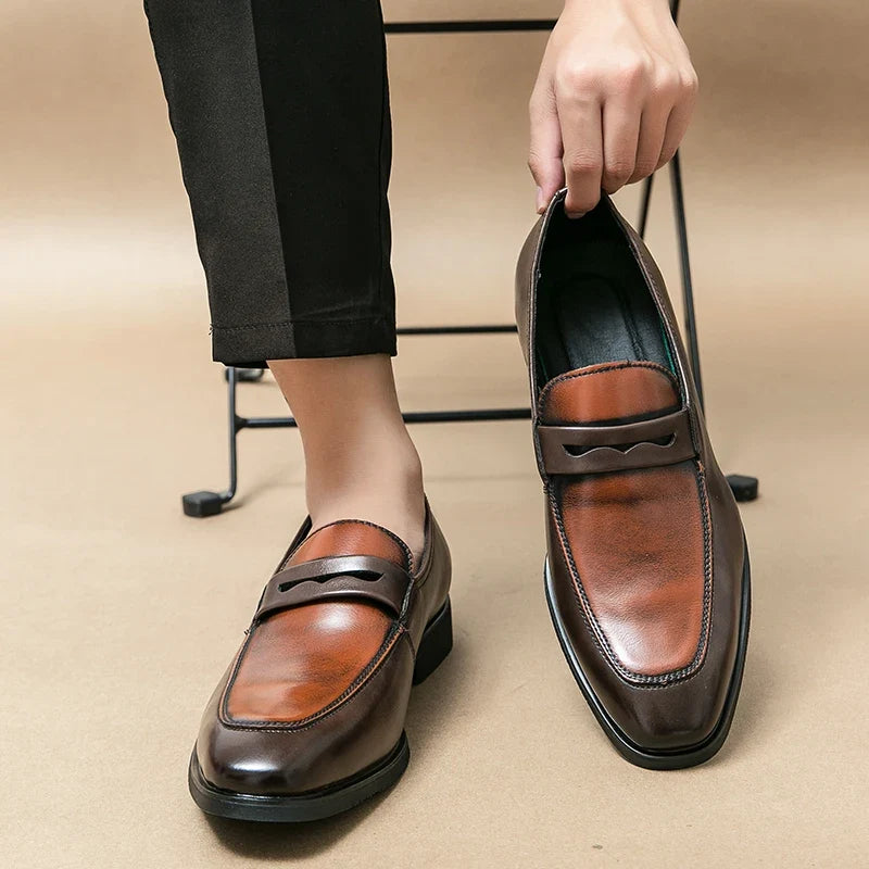 Elegant Leather Penny Loafers for Women with Contrast Panel Pointed Toe Slip On Formal Style