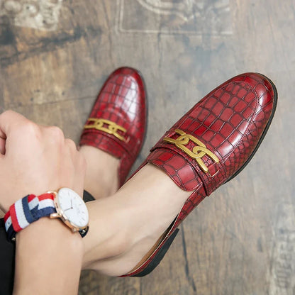 Elegant Croc Embossed Leather Mule Loafer for Women with Chain Buckle Square Toe Slip On Casual Style