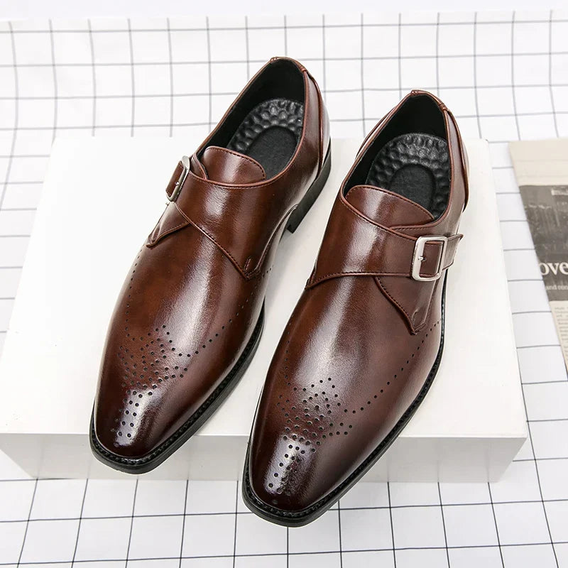 Stylish Leather Monk Strap Dress Shoe for Women with Pointed Toe Brogue Detail Buckle Closure Style