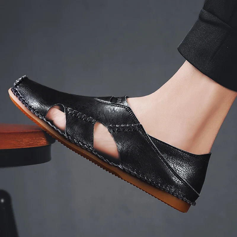 Comfortable Leather Slip On Sandal for Women with Closed Toe Cutout Hand Stitched Flat Style