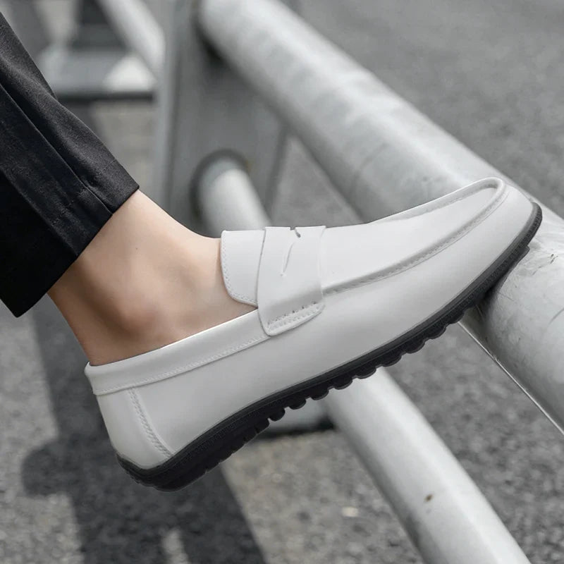Elegant Leather Penny Loafer for Women with Round Toe Slip On Stitched Trim Style