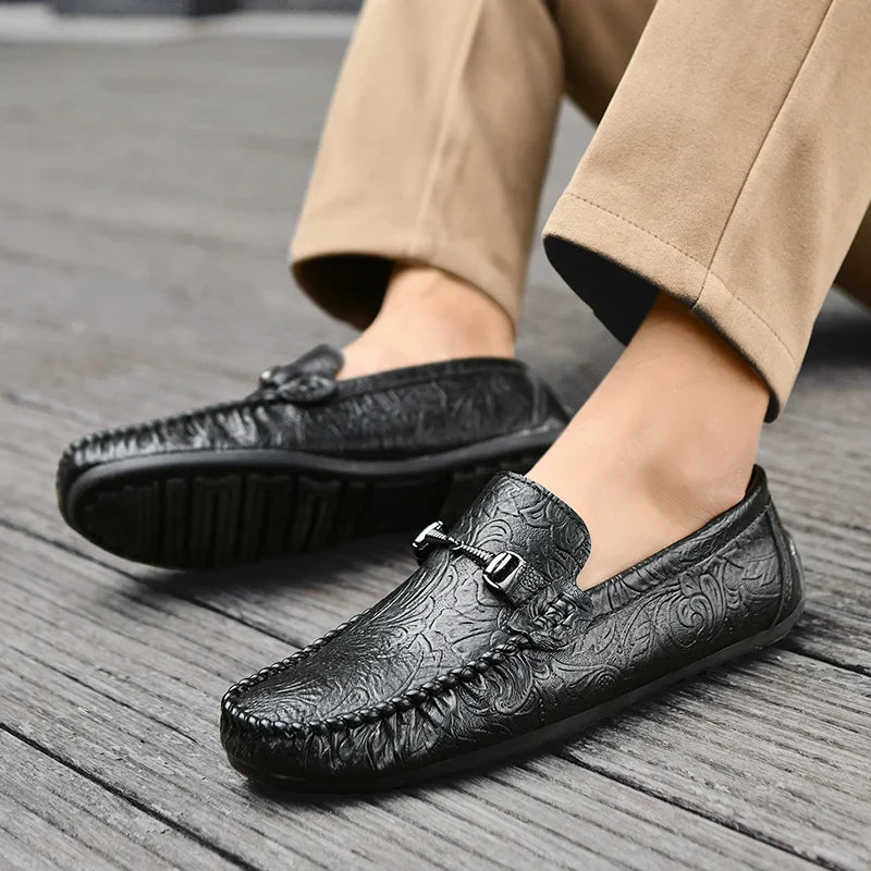 Stylish Embossed Leather Loafer for Women with Horsebit Buckle Moc Toe Casual Style