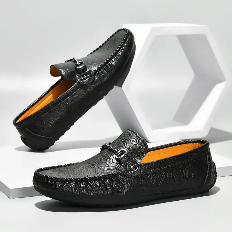 Stylish Embossed Leather Loafer for Women with Horsebit Buckle Moc Toe Casual Style