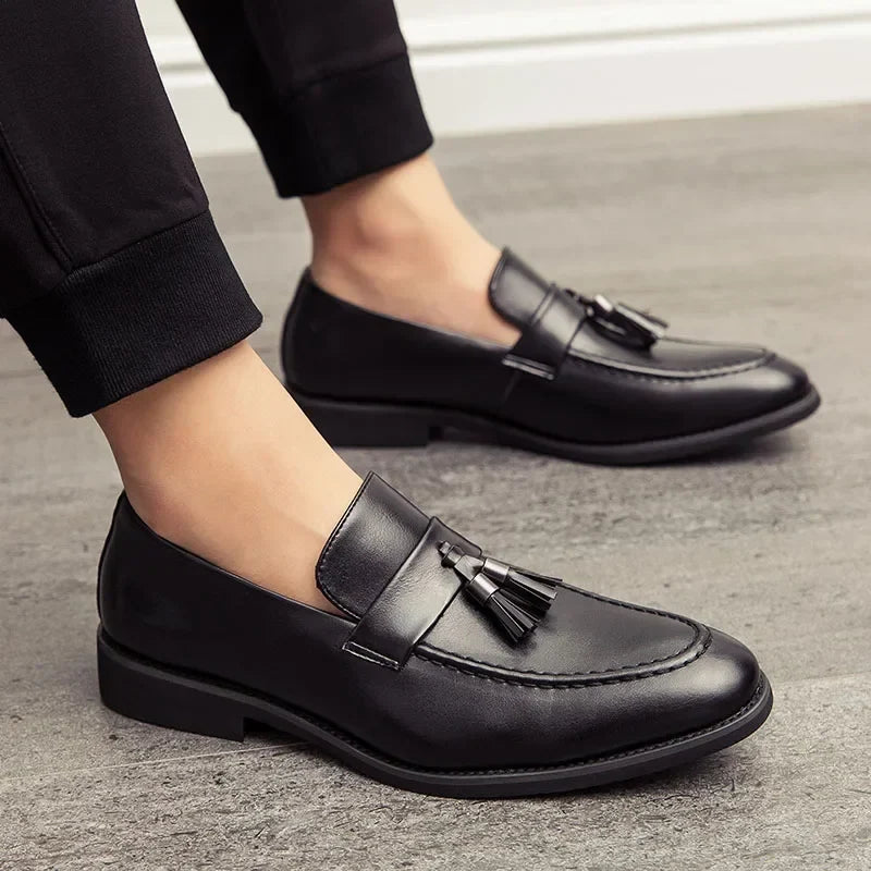 Stylish Leather Tassel Loafer for Women with Pointed Toe Stitched Apron Stacked Heel Style