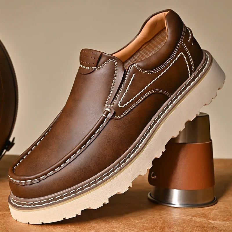Stylish Leather Loafer for Women with Moc Toe Slip-On Stitched Platform Style