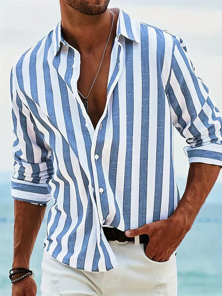 Effortless Striped Linen Shirt for Women with Collar Long Sleeve Button Front Relaxed Casual Style
