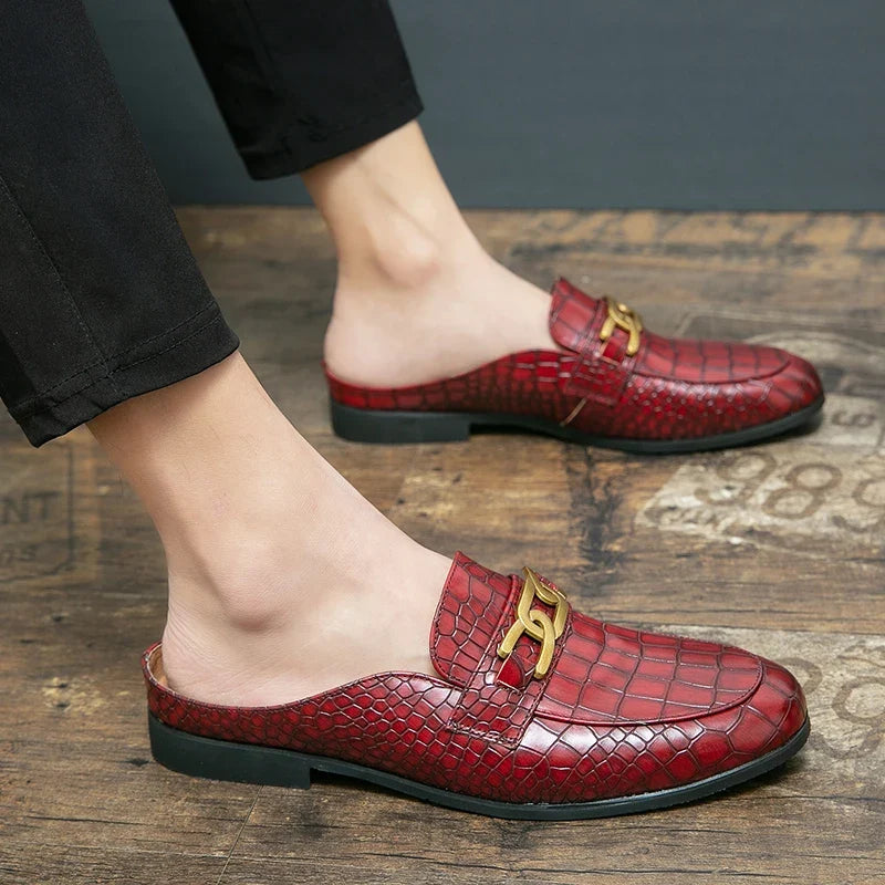 Elegant Croc Embossed Leather Mule Loafer for Women with Chain Buckle Square Toe Slip On Casual Style