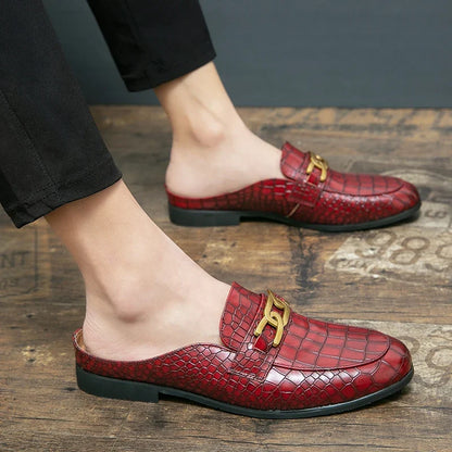 Elegant Croc Embossed Leather Mule Loafer for Women with Chain Buckle Square Toe Slip On Casual Style