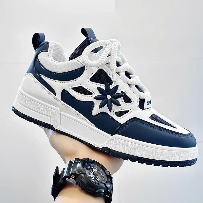 Stylish Mesh Platform Sneaker for Women with Lace Up Floral Applique Chunky Sole Casual Style