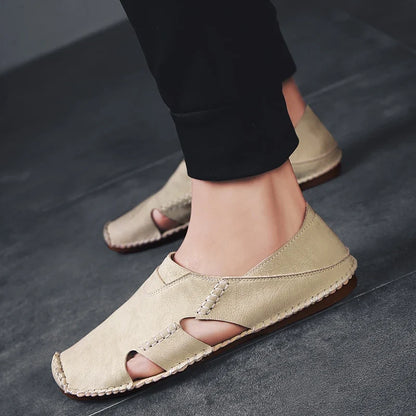 Comfortable Leather Slip On Sandal for Women with Closed Toe Cutout Hand Stitched Flat Style
