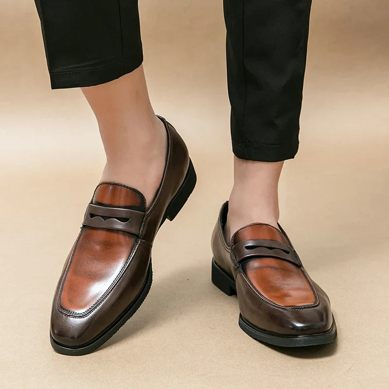 Elegant Leather Penny Loafers for Women with Contrast Panel Pointed Toe Slip On Formal Style