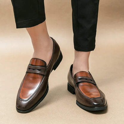Elegant Leather Penny Loafers for Women with Contrast Panel Pointed Toe Slip On Formal Style