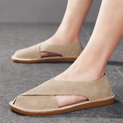 Effortless Suede Slip-On Sandals for Women with Round Toe Cutout Side Flat Espadrille Style