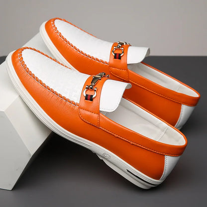 Effortless Two Tone Leather Loafers for Women with Round Toe Horsebit Buckle Backless Mule Casual Style