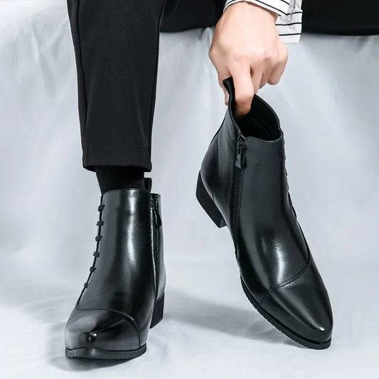 Elegant Leather Ankle Boots for Women with Pointed Toe Lace Up Side Zip Detail Style