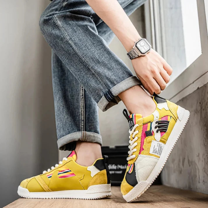 Stylish Colorblock Suede Sneaker for Women with Lace Up Contrast Panel Chunky Sole Retro Style