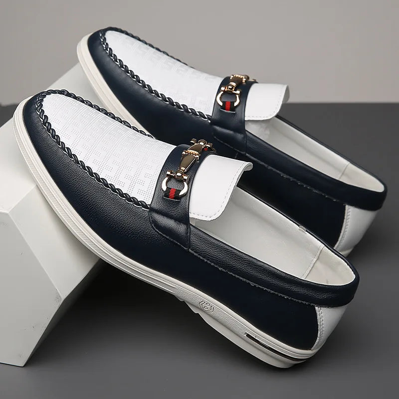 Effortless Two Tone Leather Loafers for Women with Round Toe Horsebit Buckle Backless Mule Casual Style