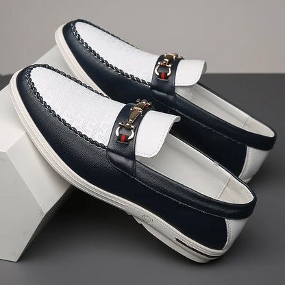 Effortless Two Tone Leather Loafers for Women with Round Toe Horsebit Buckle Backless Mule Casual Style