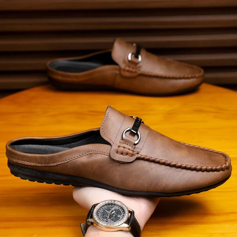 Comfortable Leather Mule Loafer for Women with Buckle Strap Backless Slip On Casual Style