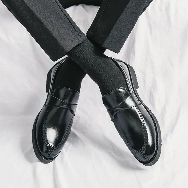 Stylish Leather Penny Loafers for Women with Woven Strap Stitched Apron Chunky Sole Style