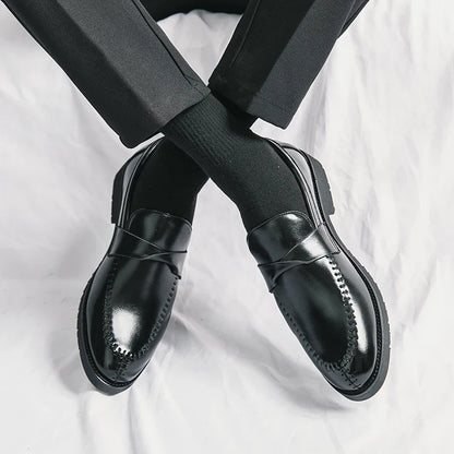 Stylish Leather Penny Loafers for Women with Woven Strap Stitched Apron Chunky Sole Style
