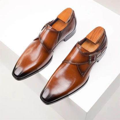 Elegant Leather Monk Strap Dress Shoe for Women with Silver Buckle Pointed Toe Stacked Heel Formal Style