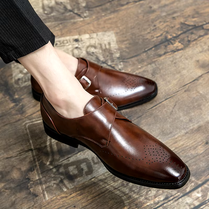 Stylish Leather Monk Strap Dress Shoe for Women with Pointed Toe Brogue Detail Buckle Closure Style