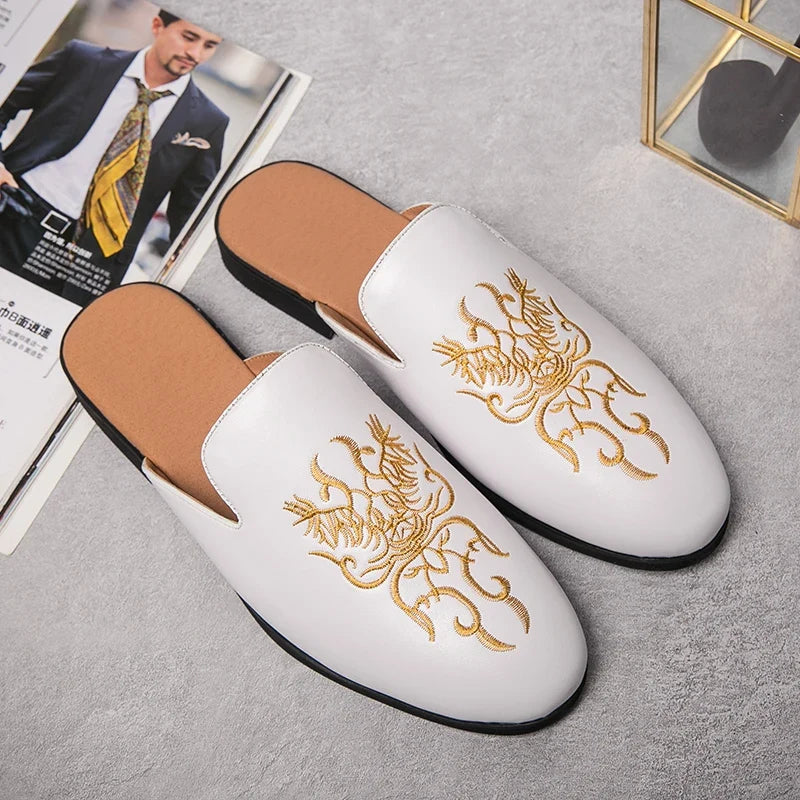 Stylish Embroidered Dragon Leather Mule for Women with Backless Slip On Round Toe Casual Style