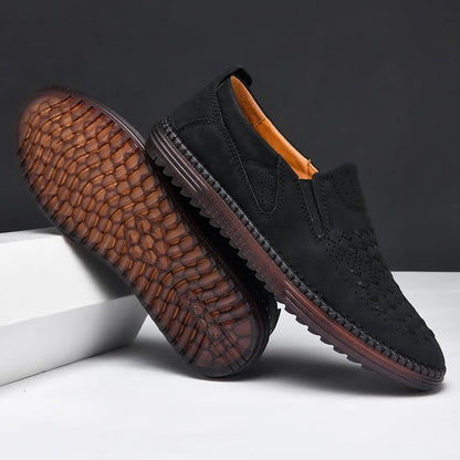 Comfortable Woven Leather Loafers for Women with Slip On Round Toe Perforated Casual Style