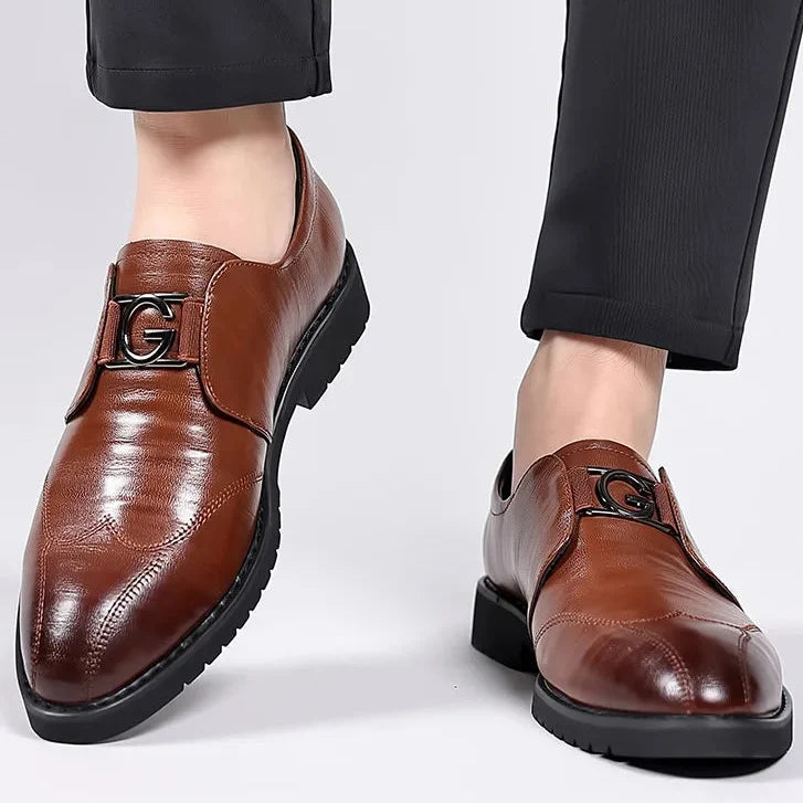 Elegant Leather Monk Strap Loafer for Women with Pointed Toe Wingtip Buckle Detail Style