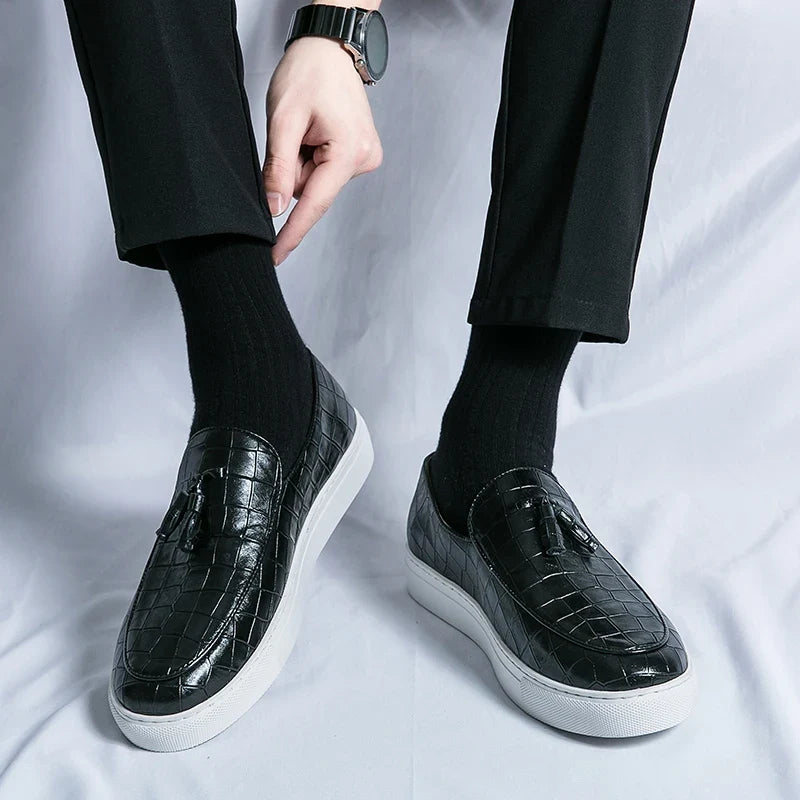 Stylish Croc Embossed Leather Loafer for Women with Tassel Detail Slip-On Round Toe Casual Style