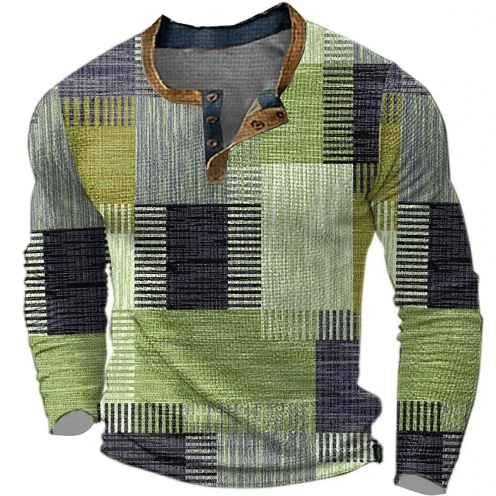 Effortless Patchwork Print Henley Shirt for Women with Button Placket Long Sleeve Contrast Collar Relaxed Style