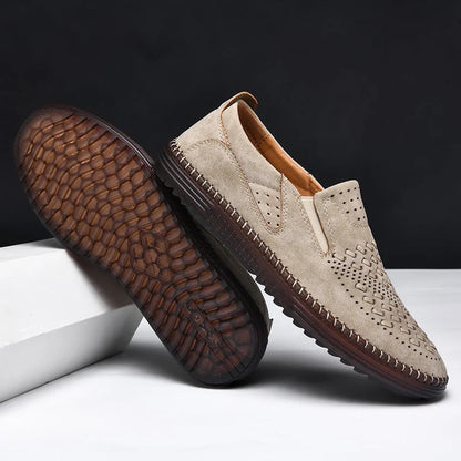 Comfortable Woven Leather Loafers for Women with Slip On Round Toe Perforated Casual Style