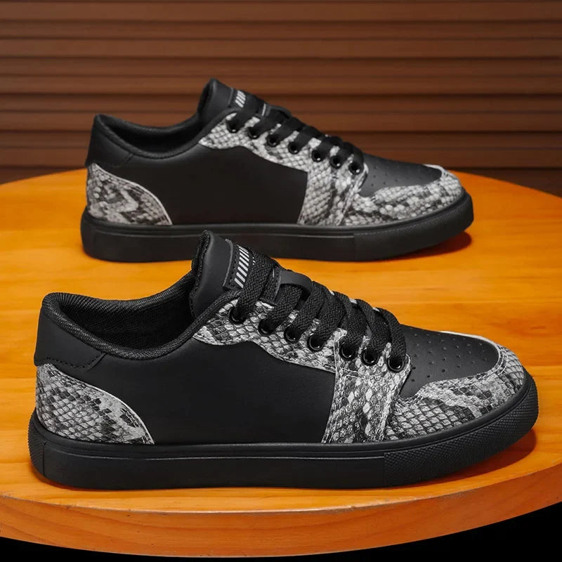 Stylish Snakeskin Print Sneaker for Women with Lace Up Low Top Contrast Panel Casual Style
