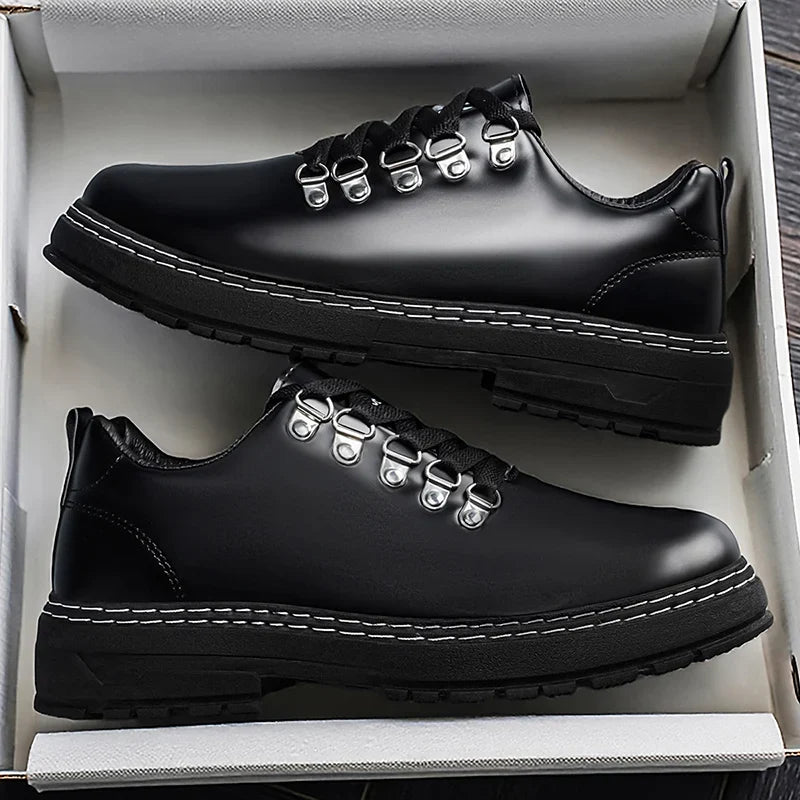 Elegant Black Leather Lace-Up Shoe for Women with Round Toe Platform Sole Casual Style