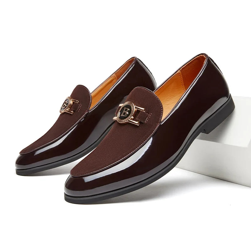 Stylish Suede Loafers for Women with Patent Toe Cap Metallic Buckle Slip On Style